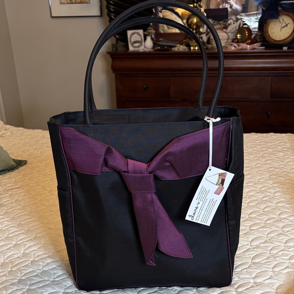 Claire V. Luxury Silk Black and Purple Satchel Zip Top Closure NWT